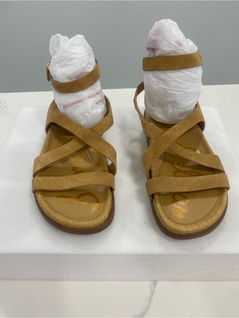 Sam Edelman Tan Suede Crisscross Ankle-Strap Sandals